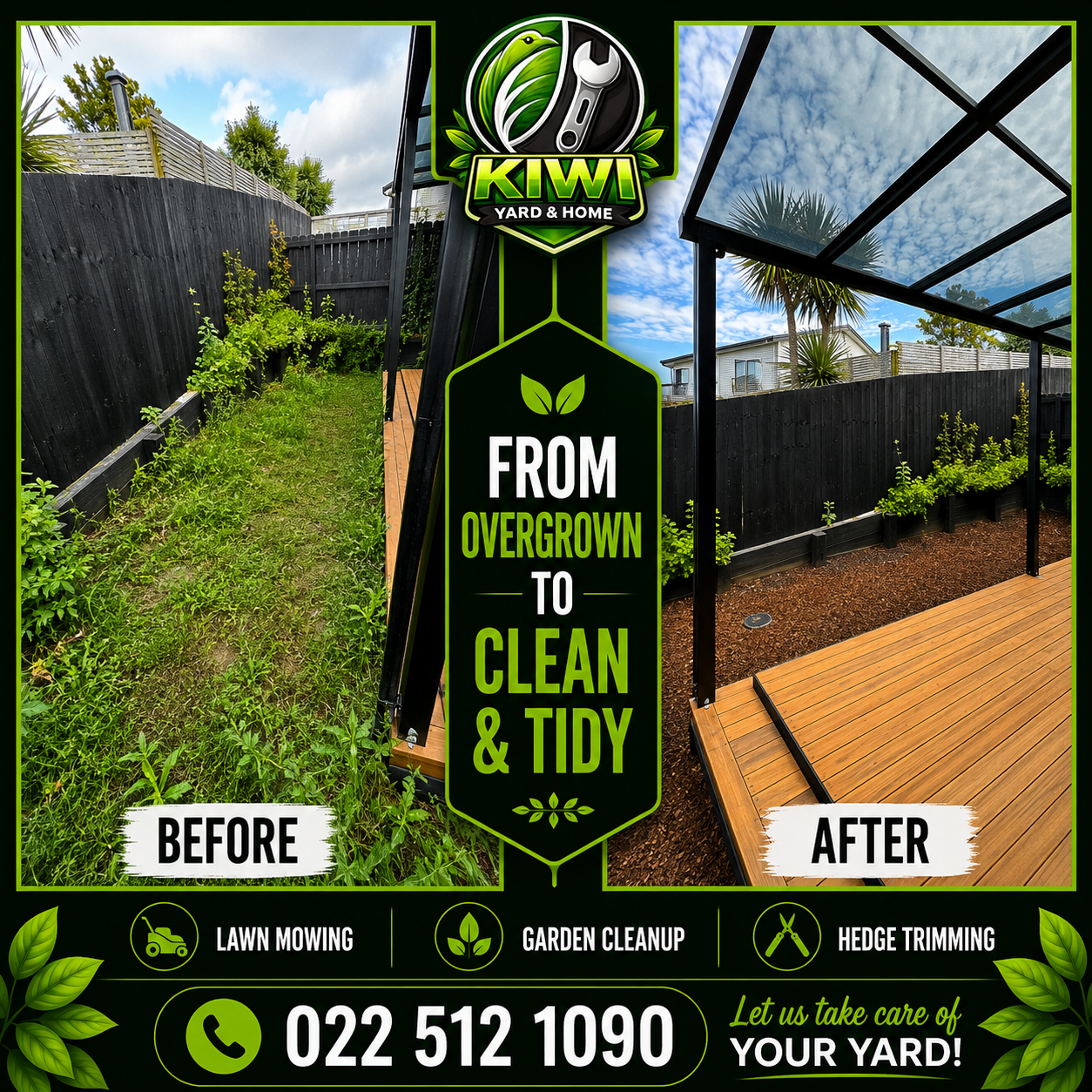 Before and after garden tidy up near deck