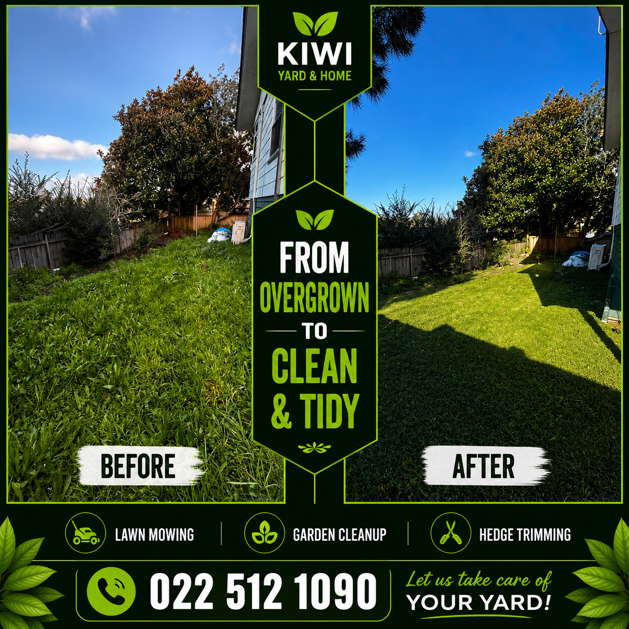 Before and after garden mowing